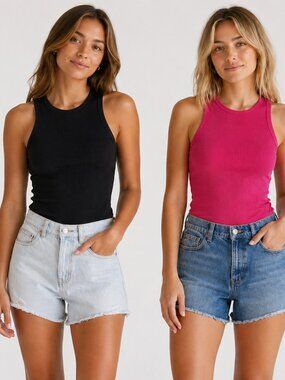 Bundle - 2 Pairs 100% Cotton Denim Shorts (4.5") + 2 Ribbed High Neck Tanks